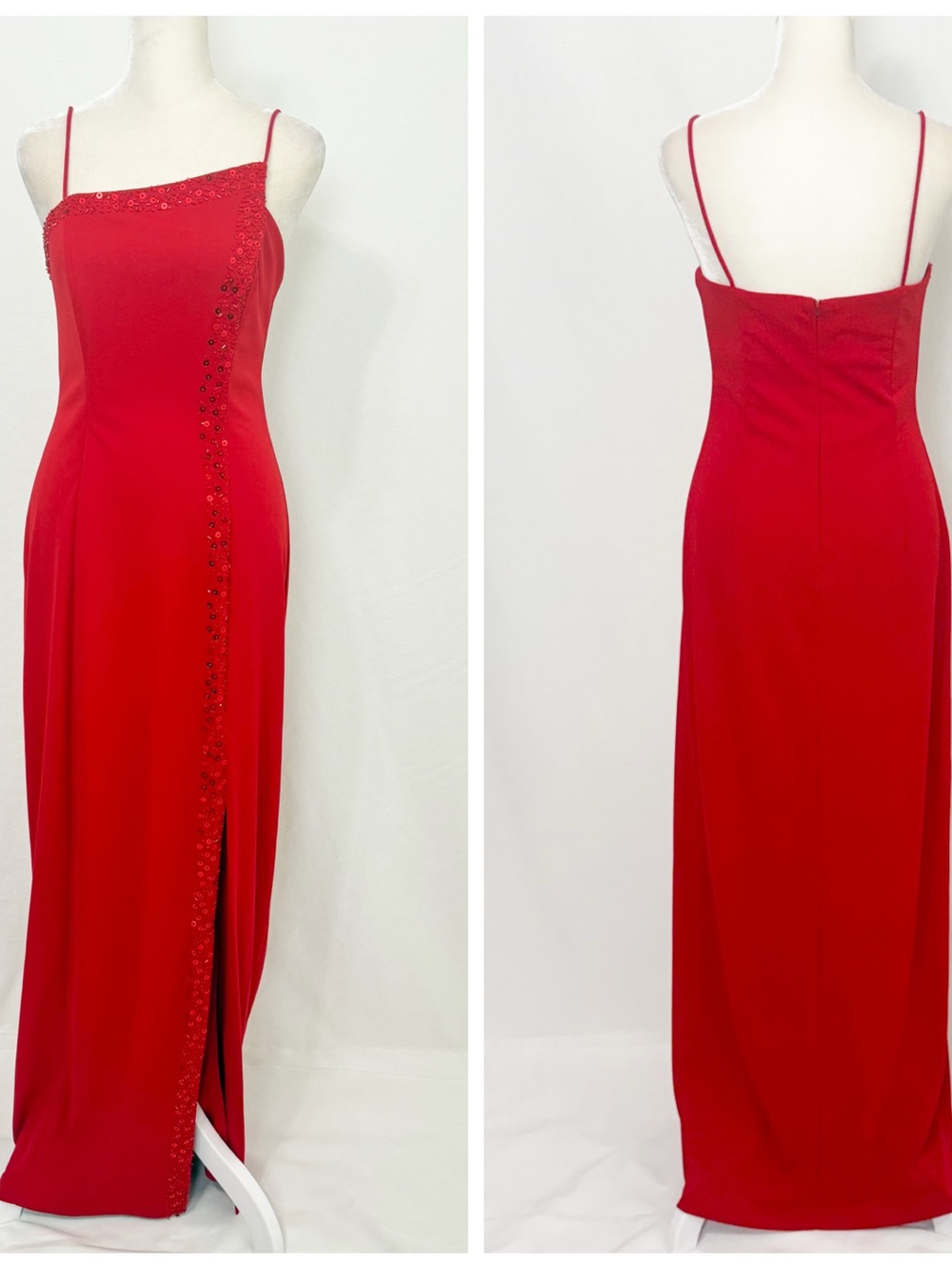 Betsy & Adam Red Beaded Asymmetrical Evening Gown